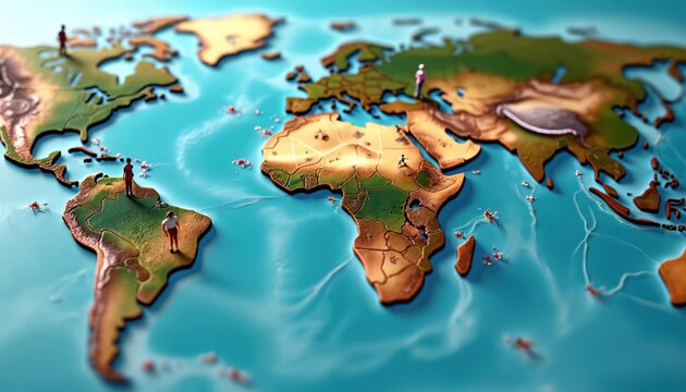 Small figures stand on a detailed 3D world map. Continents show varied terrain. Tiny red shapes dot oceans and land. Global connections and travel routes are visible.