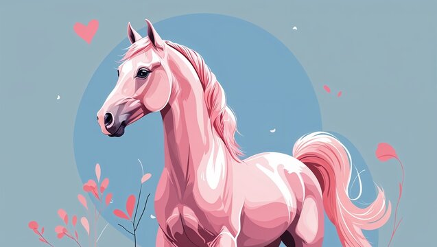 Soft pink horse on a pastel blue background in a clean decorative and smooth digital art style simple illustration