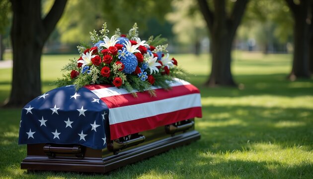 American flag draped coffin rests on green grass. Floral arrangement with red roses white lilies and blue flowers sits atop casket. Cemetery or memorial park setting with trees and sunlight.