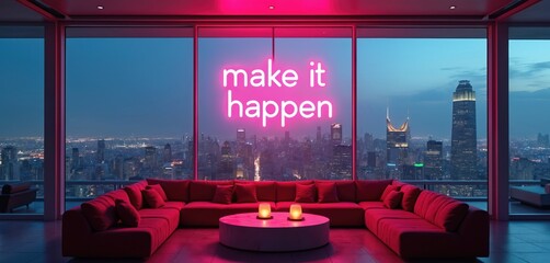 Fototapeta na wymiar Neon sign says make it happen above city skyline. Modern lounge area with red sofa. Rooftop view at night. Business success motivation concept.