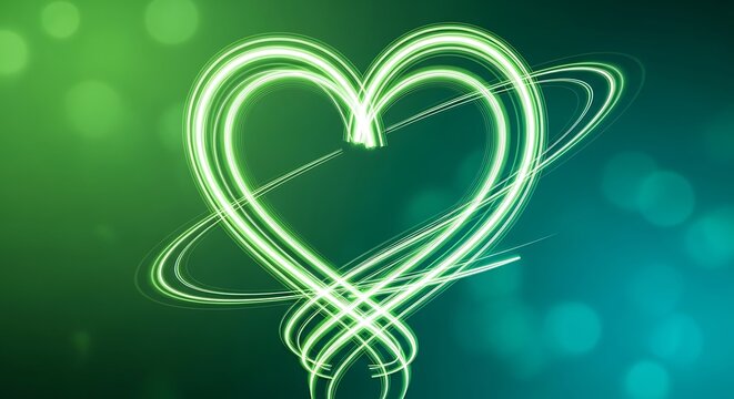 Abstract glowing neon green heart shape forming with swirling light trails on a gradient background