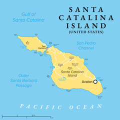 Santa Catalina Island, United States, political map with the city Avalon. Catalina, a rocky island and part of the Channel Islands, off the coast of Southern California, in the Pacific Ocean. Vector © Peter Hermes Furian
