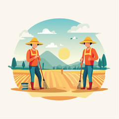 Fototapeta premium Illustrative concept depicting two diligent farmers cultivating fertile land, symbolizing agricultural labor, teamwork, and the spirit of a bountiful rural harvest