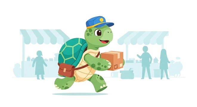 A cartoon turtle, wearing a cap and messenger bag, carries a package, running through a market scene. Background figures and stalls