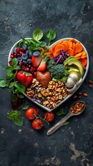 A heart-shaped plate filled with fresh vegetables, fruit and nuts provides a wholesome, atmospheric backdrop for healthy eating initiatives