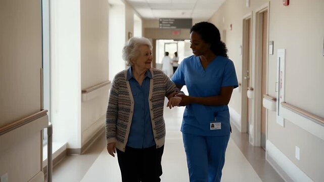 A compassionate caregiver and elderly patient walk together in a hospital corridor, captured with a steady tracking shot, gentle ambient motion, and a warm, cinematic style.