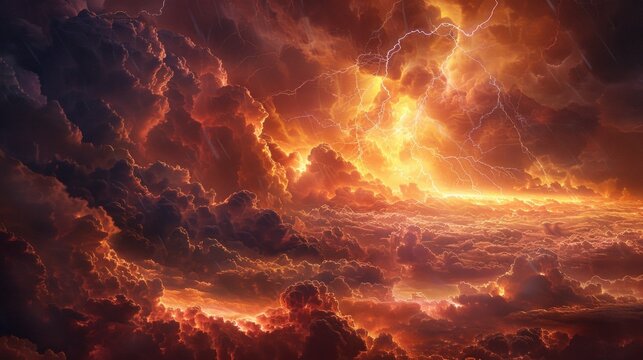 A vivid thunderstorm, with flashes of lightning, illuminates the fiery red clouds, creating a dramatic backdrop for apocalyptic imagery