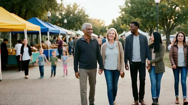 A joyful family stroll through a vibrant outdoor market, featuring gentle camera pans and soft ambient motion, capturing the essence of community and connection in a warm, cinematic style.