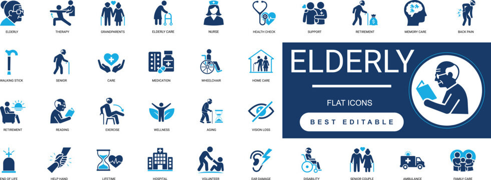 elderly solid icon set. senior, retirement, care, aging, health, pensioner, support. editable vector illustration collection set.