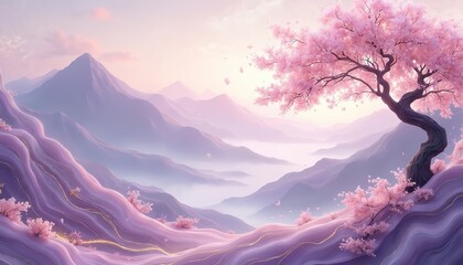 Obraz premium Dreamy pastel mountains at sunrise with blooming cherry trees. Pink sakura blossoms drift through soft mist. Gentle rolling hills feature wavy textures and gold lines.