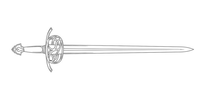 Detailed line drawing of a classic rapier sword with an ornate hilt and long blade.