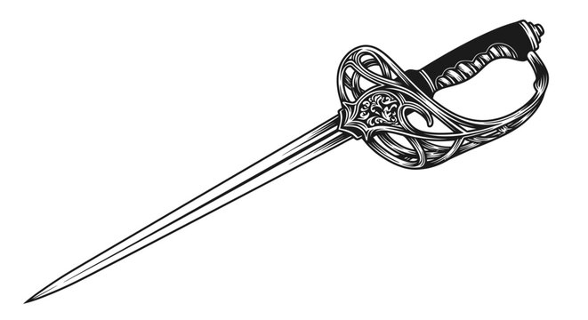 An intricate black and white illustration of a historical rapier featuring an ornate hilt and a slender, pointed blade.