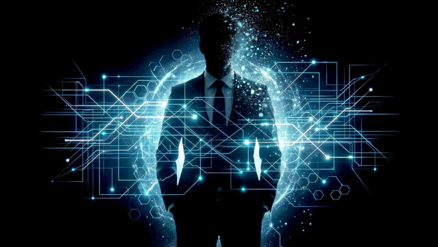 Digital Transformation Business Silhouette with Glowing Network Ove...