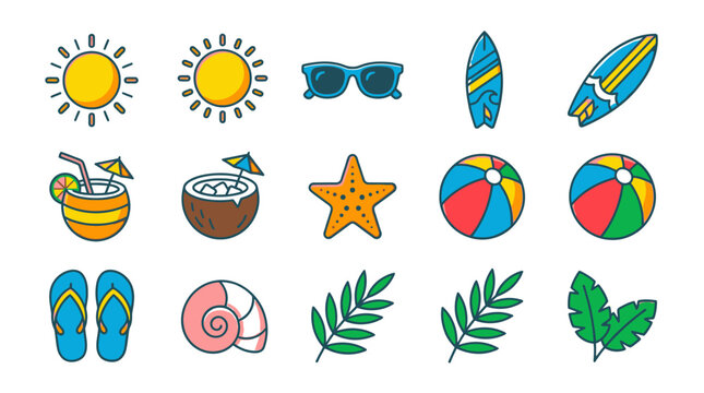 Colorful beach icons and symbols.