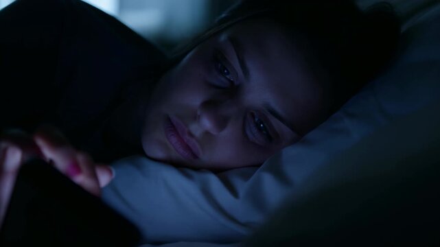 Nighttime Woman With Phone. Tired Woman In Dim Room Anxiously Checking Messages Late At Night