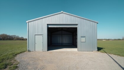 Obraz premium Metal storage shed with open garage door. Building stands on gravel lot. Clear blue sky above grassy field. Storage unit ready for use. Minimalist construction.