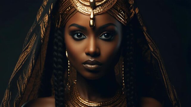 Portrait of a woman dressed in traditional African royal attire, wearing elaborate gold jewelry and crown, standing against a dark background.