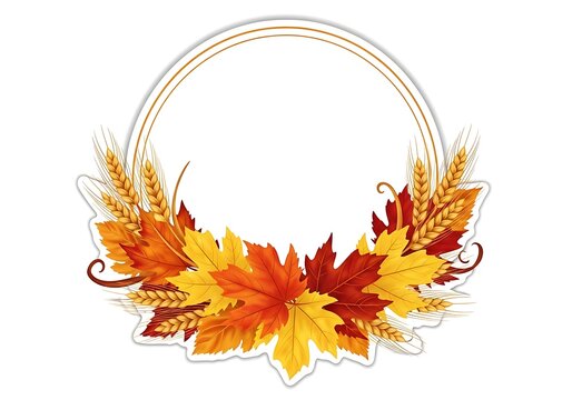Autumn leaves and wheat wreath design element with colorful maple leaves  fall decoration
