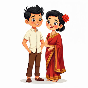 Young Myanmar couple smiles. Man wears white shirt brown pants. Woman wears red sari gold jewelry. Couple represents culture, tradition, and togetherness. Good for design projects.