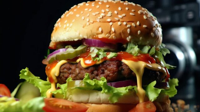 Close-up of a beef burger with lettuce, tomato, onions, and cheese dripping from the top with ketchup and mustard. The food is -focused.