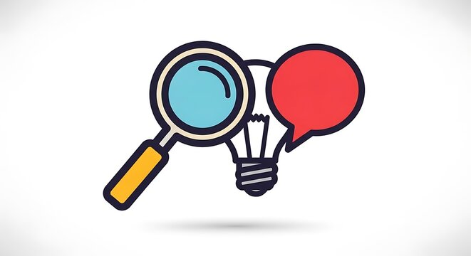 A cartoon illustration featuring a magnifying glass, a lightbulb, and a speech bubble with a vibrant color palette