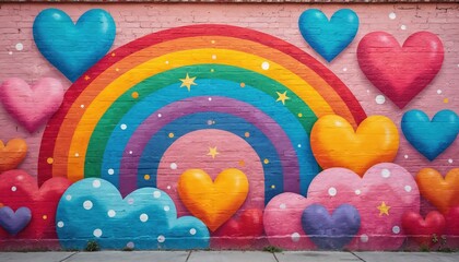 Fototapeta premium Colorful hearts and rainbow mural painted on a textured pink brick wall. Vibrant street art design features joyful symbols and bright patterns. This urban artwork promotes love and positivity.
