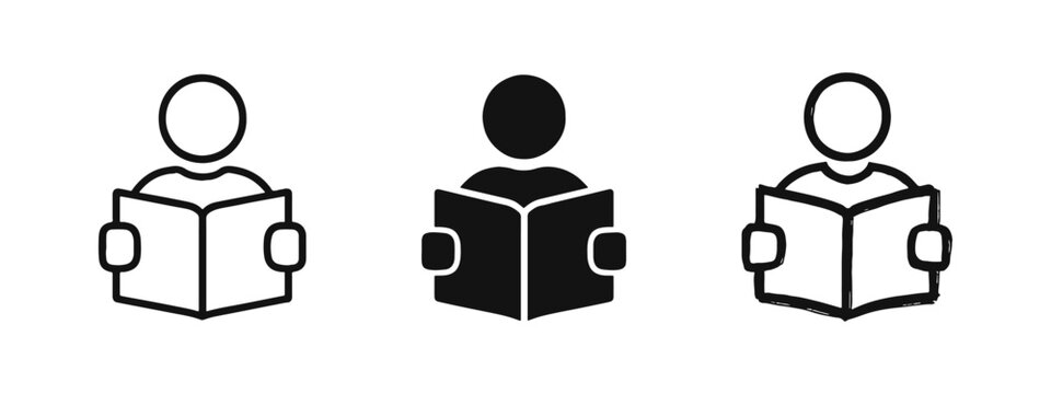 Person Reading Open Book Icon Set. Learning and Education Symbol. Student Studying Silhouette Vector Illustration.