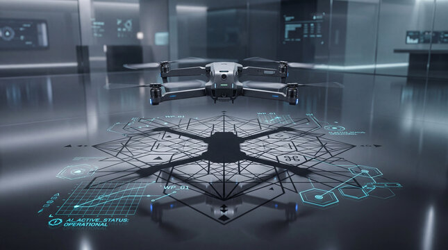 Drone prepares for flight in a high-tech control room with screens displaying data and graphics