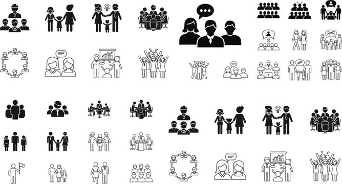 Teamwork and Collaboration Icon Set with Group, Partnership, Communication, Leadership, and Cooperation Symbols for Business and Social Interaction Designs
