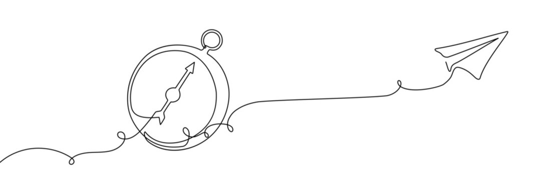 Continuous one line compass art journey adventure illustration single map. Compass one line doodle icon travel direction drawing future plane north outline vector old navigate draw simple paper banner