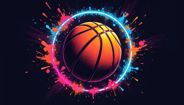 Basketball hovers inside neon ring with paint splashes. Retro sports art design with vibrant colors and dynamic motion. Graphic illustration for sport themes.