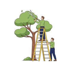 Two men pruning tree on ladder in cartoon style with green color in bright lighting for gardening © DULABA Stock
