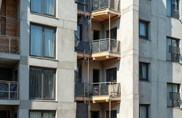 Fototapeta premium Modern apartment building exterior under construction. Concrete walls and balconies are unfinished. Windows are covered with protective material. Building progress visible.