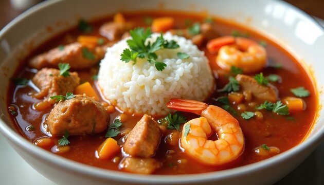Bowl of spicy gumbo with rice chicken and shrimp. Garnished with parsley, vegetables visible in rich red sauce. Hearty Cajun Creole dish, served hot, ready to eat.