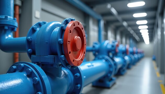 Blue industrial pipes with red gate valves run down a corridor. Metallic fittings connect pipes, part of a large plumbing system for utilities. The tunnel has lights on ceiling.
