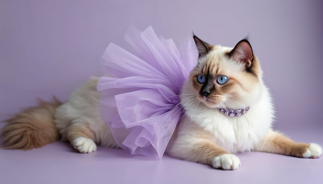 Ragdoll cat wears purple tutu and jeweled collar. Fluffy feline lies elegantly on solid lilac backdrop. Pet portrait showcases charming, stylish kitty with blue eyes and soft fur.