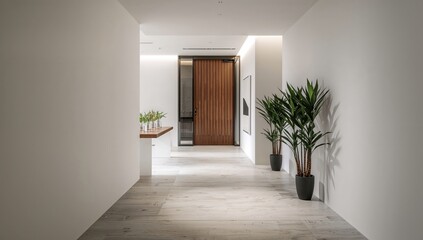 Fototapeta premium Minimal modern hallway with a textured wooden door and indoor plants placed symmetrically for a refined and elegant home entrance