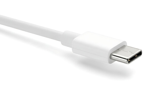 White usb type-c charging and data sync cable connector close-up isolated on a white background with usb