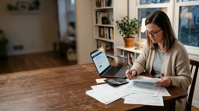 A focused woman analyzes financial documents at a wooden table, with gentle ambient motion in the room and a slow pan camera move, creating a warm, cinematic atmosphere for productivity and finance th