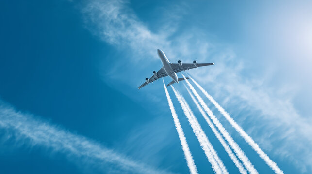 Commercial Airliner Ascending into Blue Sky with White Contrails: Low-Angle Runway View Capturing Powerful Upward Motion
