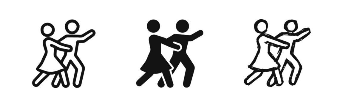 Dancing Couple Icon Set with Partner Dance. Outline, Filled, and Hand-Drawn Styles for Romantic Event Symbols.