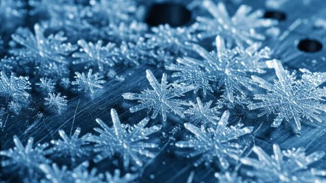 Macro Ice Crystals Forming on Scratched Blue Metal Surface - Cold Winter Scientific Concept