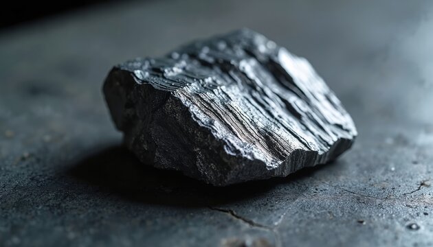 Raw tantalum ore chunk on dark surface. Heavy gray metallic mineral with striated texture. Used in electronics, aerospace, and industry. High tech material.