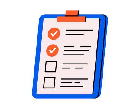 Hand drawn cute illustration of check list. Flat vector check list form with done tasks sticker doodle. Project management concept. Clipboard with todo note icon. Isolated.