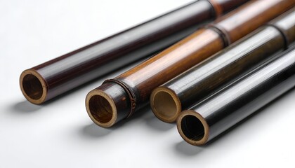 Fototapeta premium Close-up of several dark bamboo tubes, each with a cylindrical opening. The tubes exhibit natural texture and a glossy finish against a white backdrop