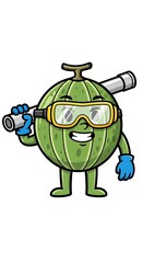 Obraz premium A cartoon melon with a happy face, wearing diving goggles, gloves, and holding a periscope. It is standing upright