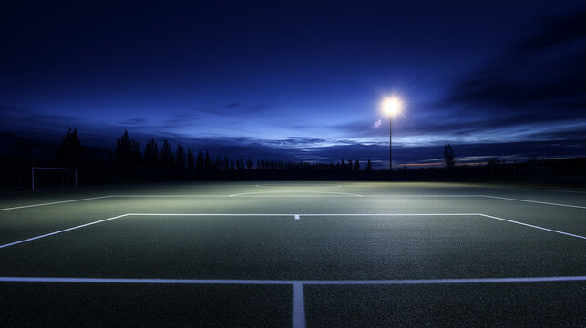 Floodlit Soccer Field at Dusk: Empty Stadium with Dramatic Shadows in Cool Blue and Warm Spotlight Contrast