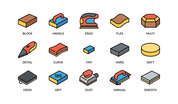 Sanding tools collection: handle, ergo flex, multi block, detail curve, hook grit dust manual
