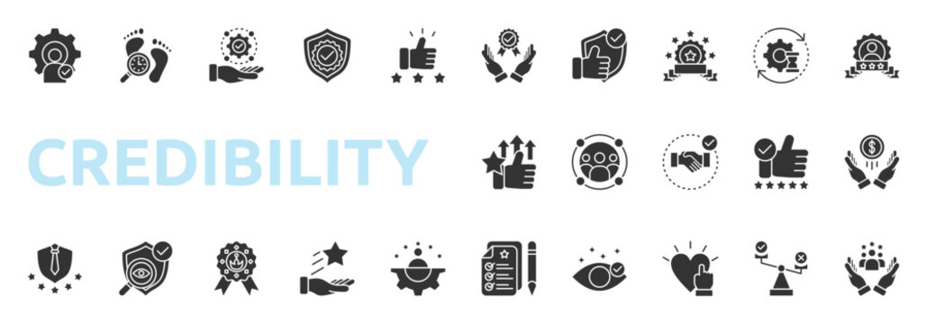 Credibility icon set glyph style with reliable, believable, consistency, reputation, specialist, track record, responsibility icons