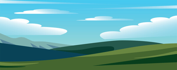 Fototapeta premium Minimalist flat vector illustration of rolling green hills and distant mountains under a bright blue sky with soft white clouds, serene summer nature landscape in clean stylized style